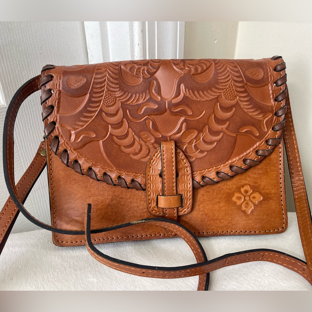 Patricia Nash Hand-Tooled Cognac Leather Crossbody Bag